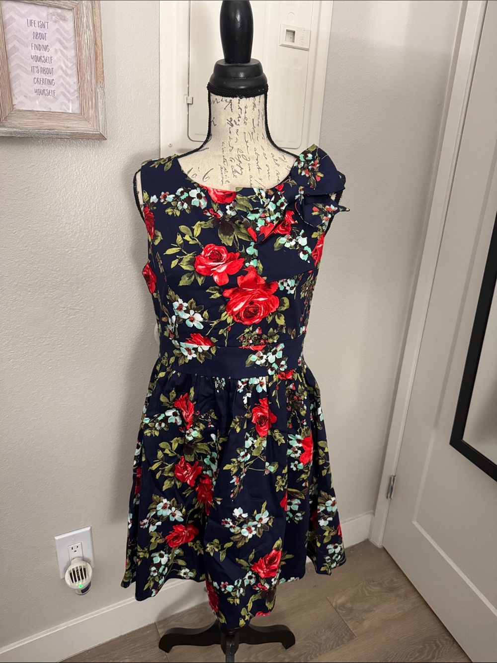 Navy Floral Midi Dress with Red Rose Print